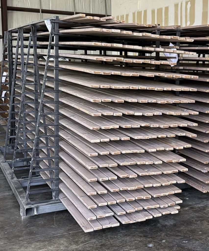 pre-finished lumber on racks